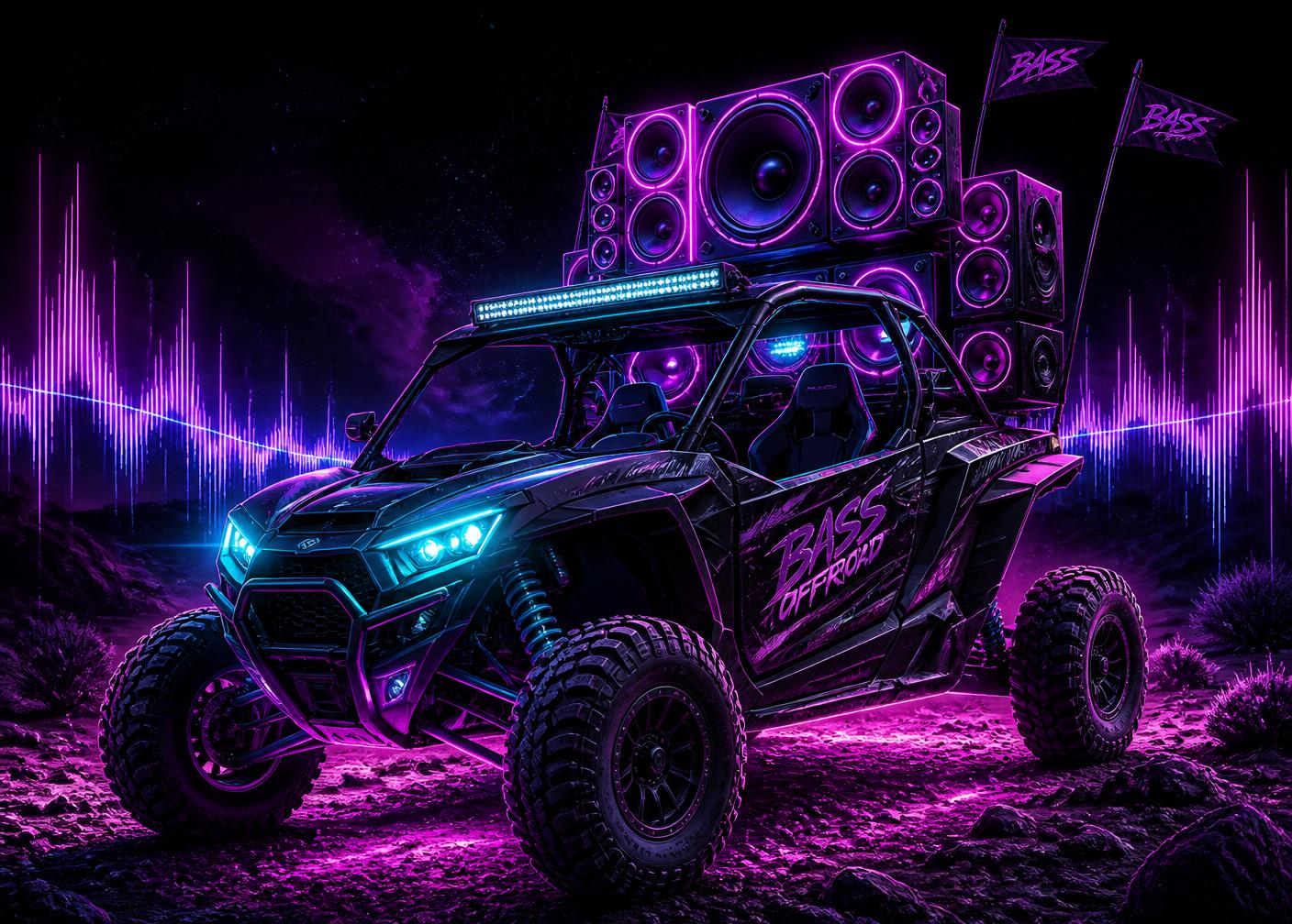 UTV side by side con sistema de sonido y luces neón en el desierto